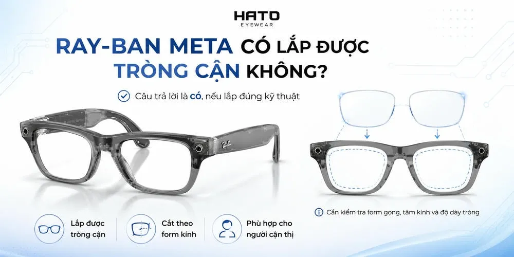 Hình ảnh minh họa Ray-Ban Meta có thể lắp được tròng cận nếu cắt tròng đúng kỹ thuật, phù hợp cho người cận thị sử dụng kính thông minh.