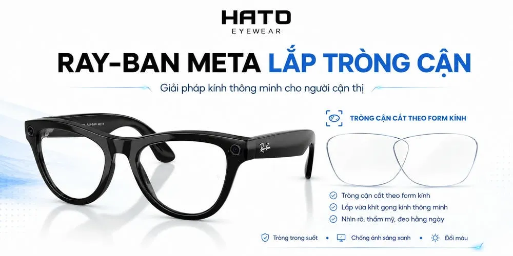 Hình ảnh Ray-Ban Meta lắp tròng cận tại Hato Eyewear với 2 tròng cận cắt theo form kính, phù hợp cho người cận thị muốn dùng kính thông minh hằng ngày.