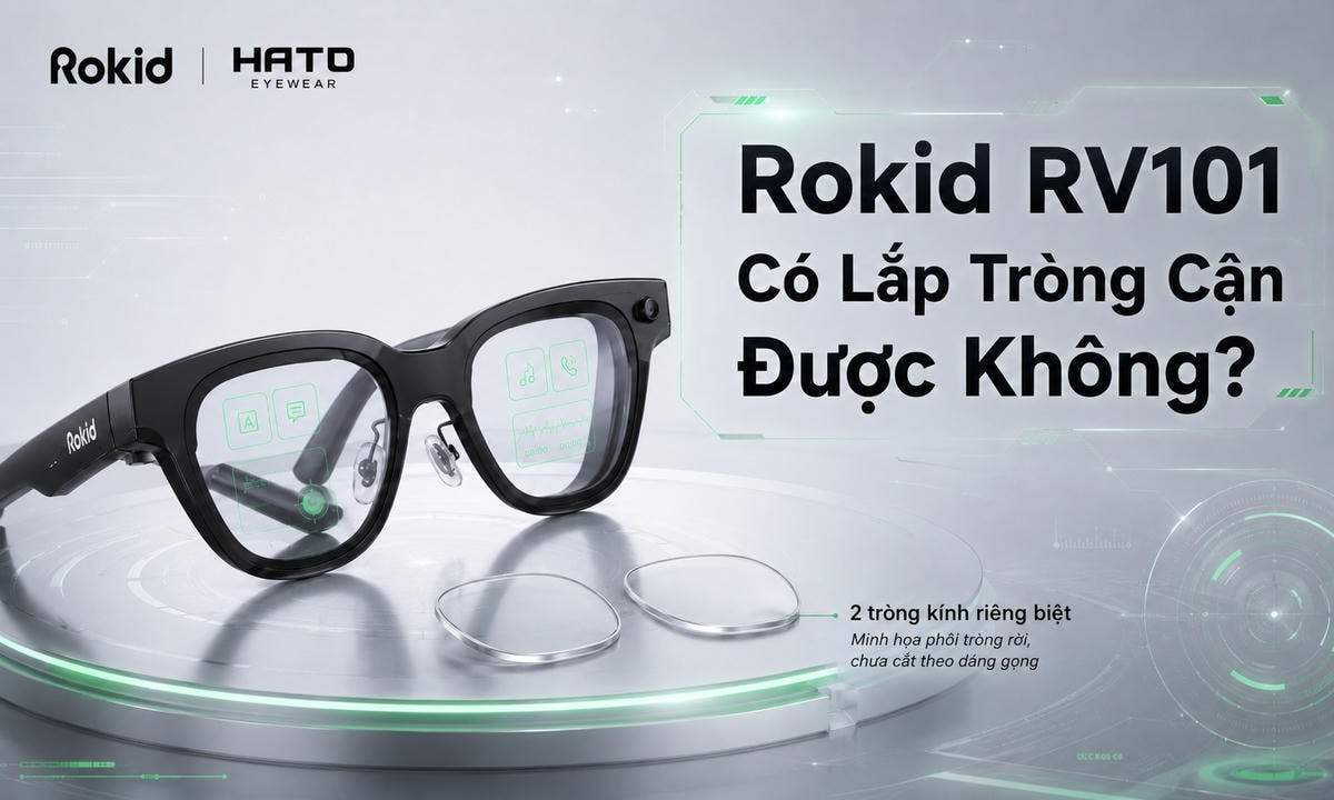 Ảnh minh họa Rokid RV101 có lắp tròng cận được không, mô tả kính thông minh Rokid cùng 2 tròng kính riêng biệt chưa cắt theo dáng gọng tại Hato Eyewear.