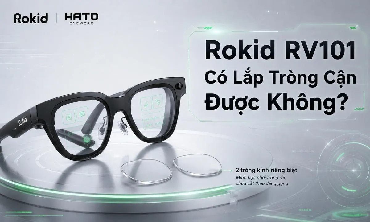 Ảnh minh họa Rokid RV101 có lắp tròng cận được không, mô tả kính thông minh Rokid cùng 2 tròng kính riêng biệt chưa cắt theo dáng gọng tại Hato Eyewear.