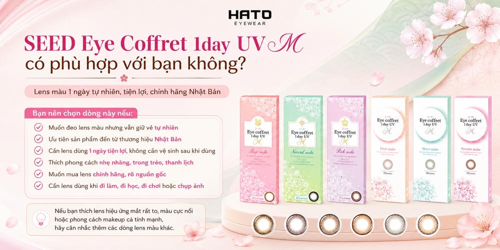 SEED Eye Coffret 1day UV M là dòng lens màu 1 ngày chính hãng Nhật Bản, thiết kế tự nhiên, nhẹ nhàng, tiện lợi, phù hợp đi học, đi làm, đi chơi và chụp ảnh.