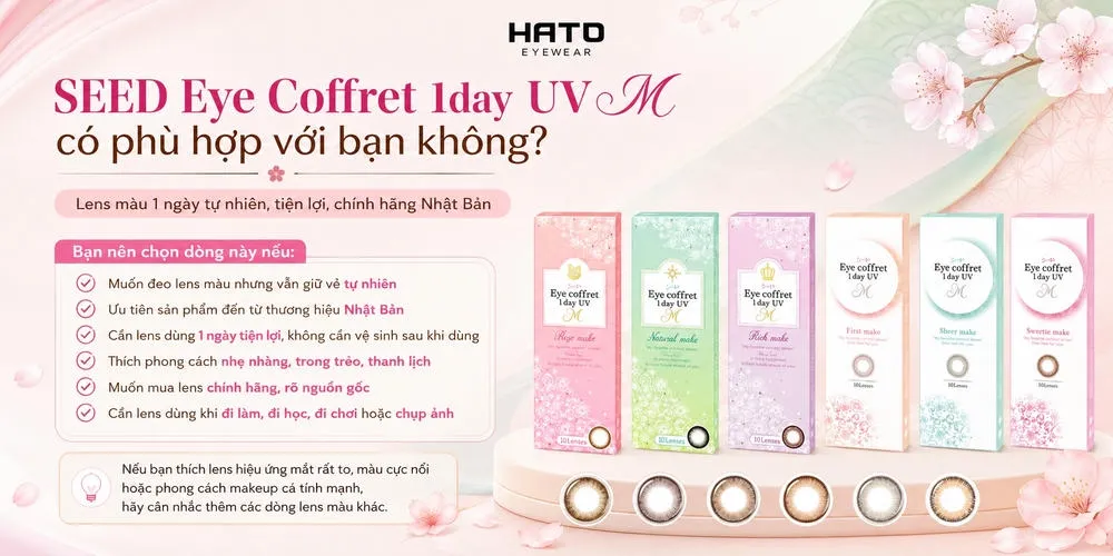 SEED Eye Coffret 1day UV M là dòng lens màu 1 ngày chính hãng Nhật Bản, thiết kế tự nhiên, nhẹ nhàng, tiện lợi, phù hợp đi học, đi làm, đi chơi và chụp ảnh.