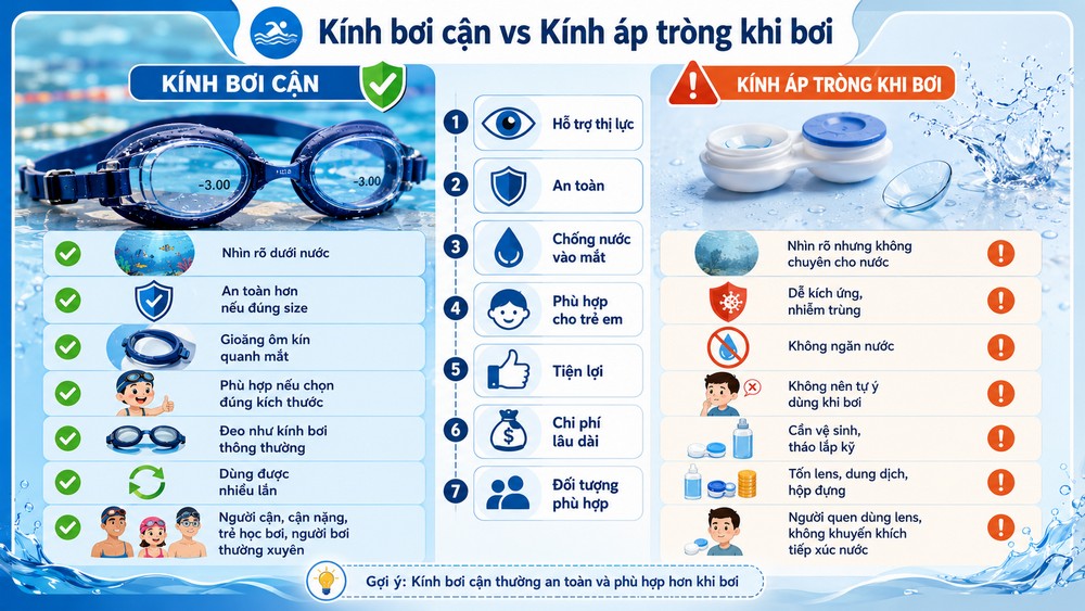 So sánh kính bơi cận và kính áp tròng khi bơi