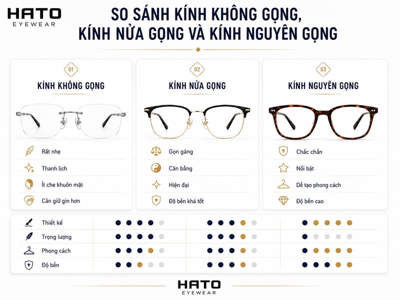 So sánh kính không gọng kính nửa gọng và kính nguyên gọng Title ảnh
