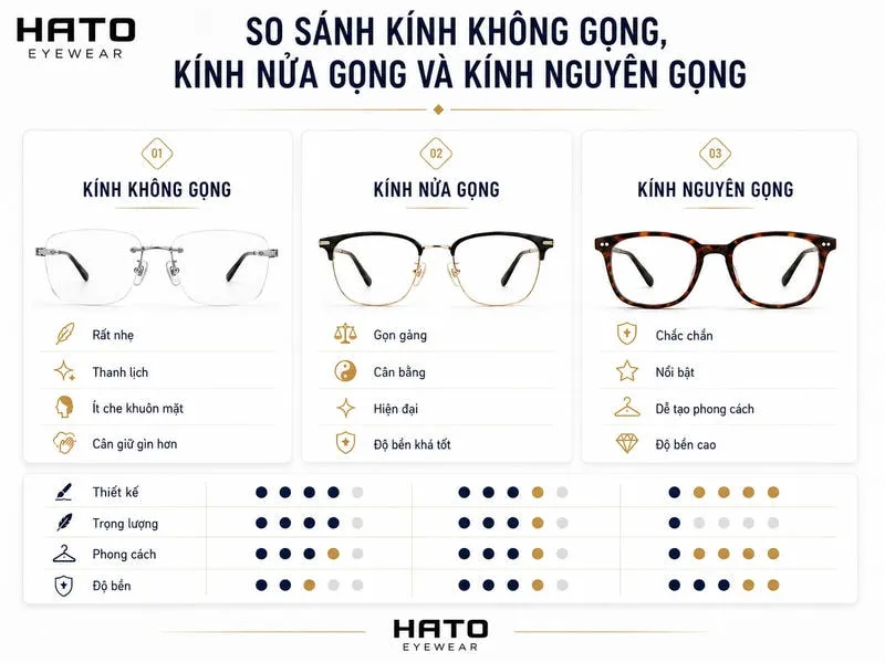 So sánh kính không gọng kính nửa gọng và kính nguyên gọng Title ảnh
