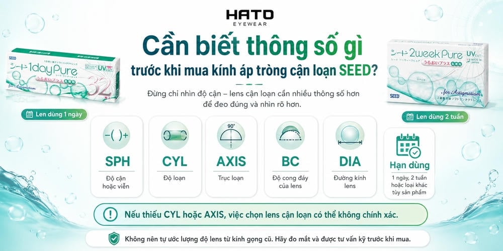 Ảnh minh họa các thông số cần biết trước khi mua lens SEED cận loạn như SPH, CYL, AXIS, BC, DIA và hạn dùng để chọn kính áp tròng đúng và rõ nét hơn.