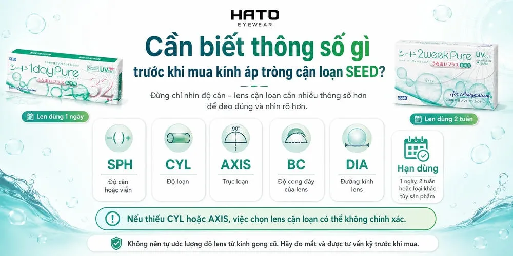 Ảnh minh họa các thông số cần biết trước khi mua lens SEED cận loạn như SPH, CYL, AXIS, BC, DIA và hạn dùng để chọn kính áp tròng đúng và rõ nét hơn.