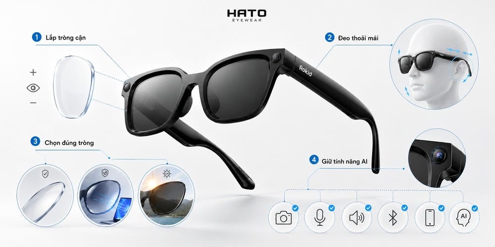 Hình ảnh minh họa tiêu chí chọn kính thông minh cho người cận thị, gồm khả năng lắp tròng cận, đeo thoải mái, chọn đúng loại tròng và vẫn giữ nguyên các tính năng AI trên kính.