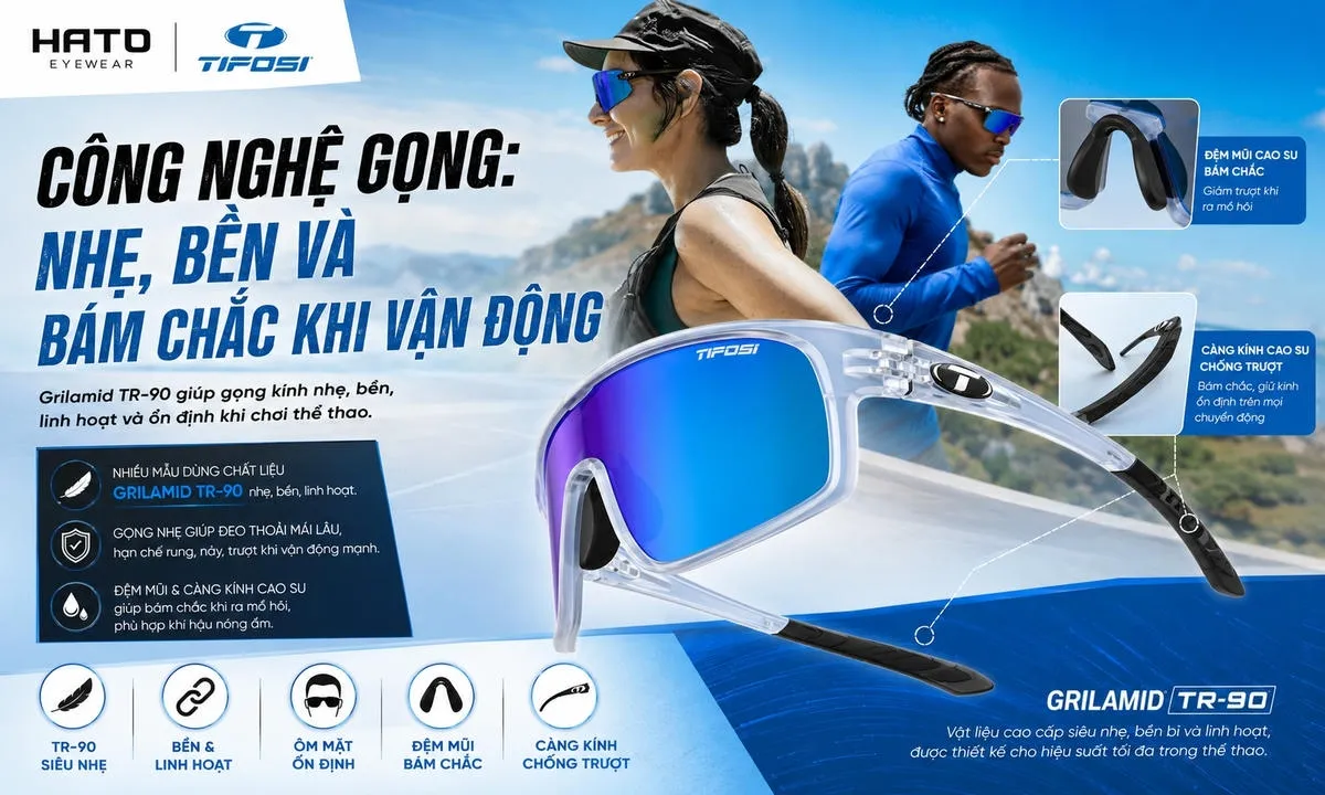 Banner giới thiệu công nghệ gọng kính thể thao Tifosi với chất liệu Grilamid TR-90, đệm mũi cao su và càng kính chống trượt, phù hợp chạy bộ và đạp xe.