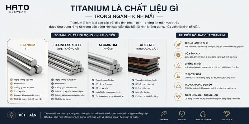 Titanium là chất liệu gì trong ngành kính mắt và so sánh với thép không gỉ, nhôm, acetate