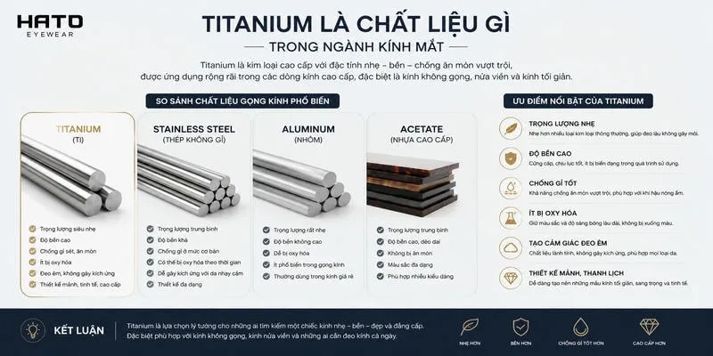 Titanium là chất liệu gì trong ngành kính mắt và so sánh với thép không gỉ, nhôm, acetate