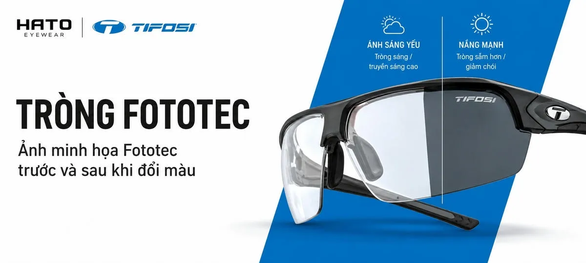 Ảnh minh họa tròng Fototec Tifosi trước và sau khi đổi màu trong điều kiện ánh sáng yếu và nắng mạnh.