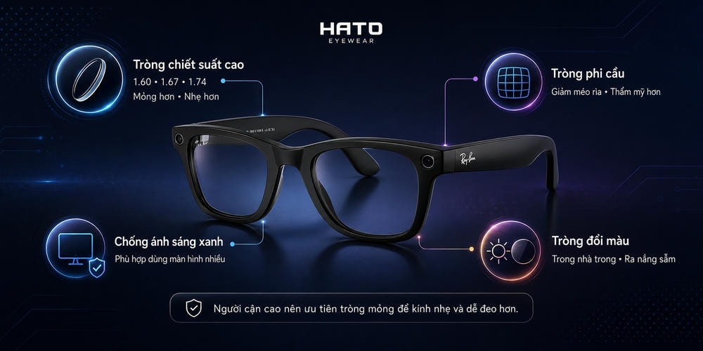 Minh họa các loại tròng phù hợp cho kính thông minh có độ dành cho người cận cao gồm tròng chiết suất cao, tròng phi cầu, tròng chống ánh sáng xanh và tròng đổi màu tại Hato Eyewear.