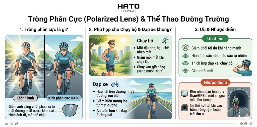 Tròng kính phân cực polarized chuyên dụng cho chạy bộ và đạp xe ngoài trời của HATO Eyewear.