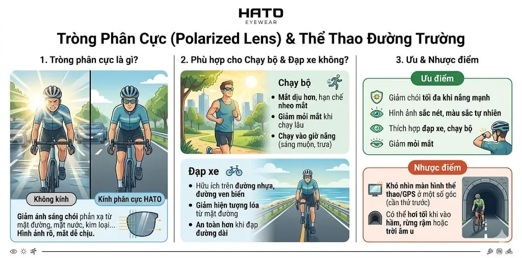 Tròng kính phân cực polarized chuyên dụng cho chạy bộ và đạp xe ngoài trời của HATO Eyewear.