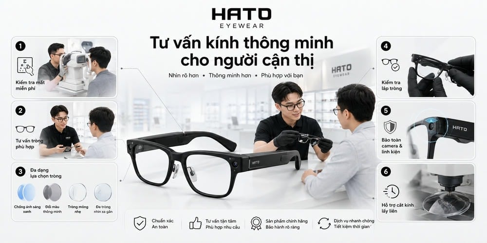 Hình ảnh mô tả dịch vụ tư vấn kính thông minh cho người cận thị tại Hato Eyewear, bao gồm kiểm tra mắt, tư vấn tròng phù hợp, kiểm tra lắp tròng và hỗ trợ cắt kính lấy liền.