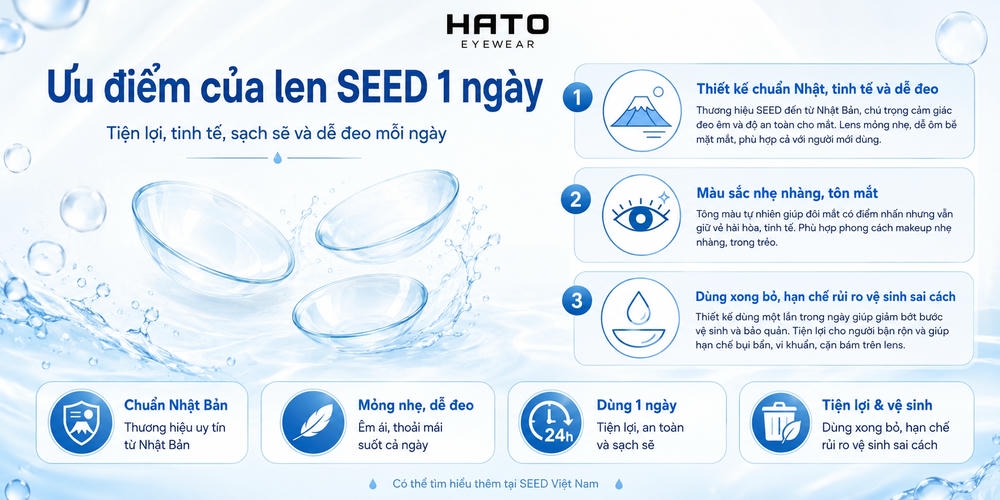 Ảnh minh họa ưu điểm của len SEED 1 ngày với thiết kế chuẩn Nhật, mỏng nhẹ, dễ đeo, màu sắc tự nhiên và dùng xong bỏ tiện lợi.