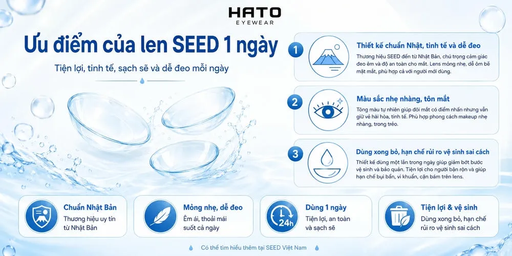 Ảnh minh họa ưu điểm của len SEED 1 ngày với thiết kế chuẩn Nhật, mỏng nhẹ, dễ đeo, màu sắc tự nhiên và dùng xong bỏ tiện lợi.