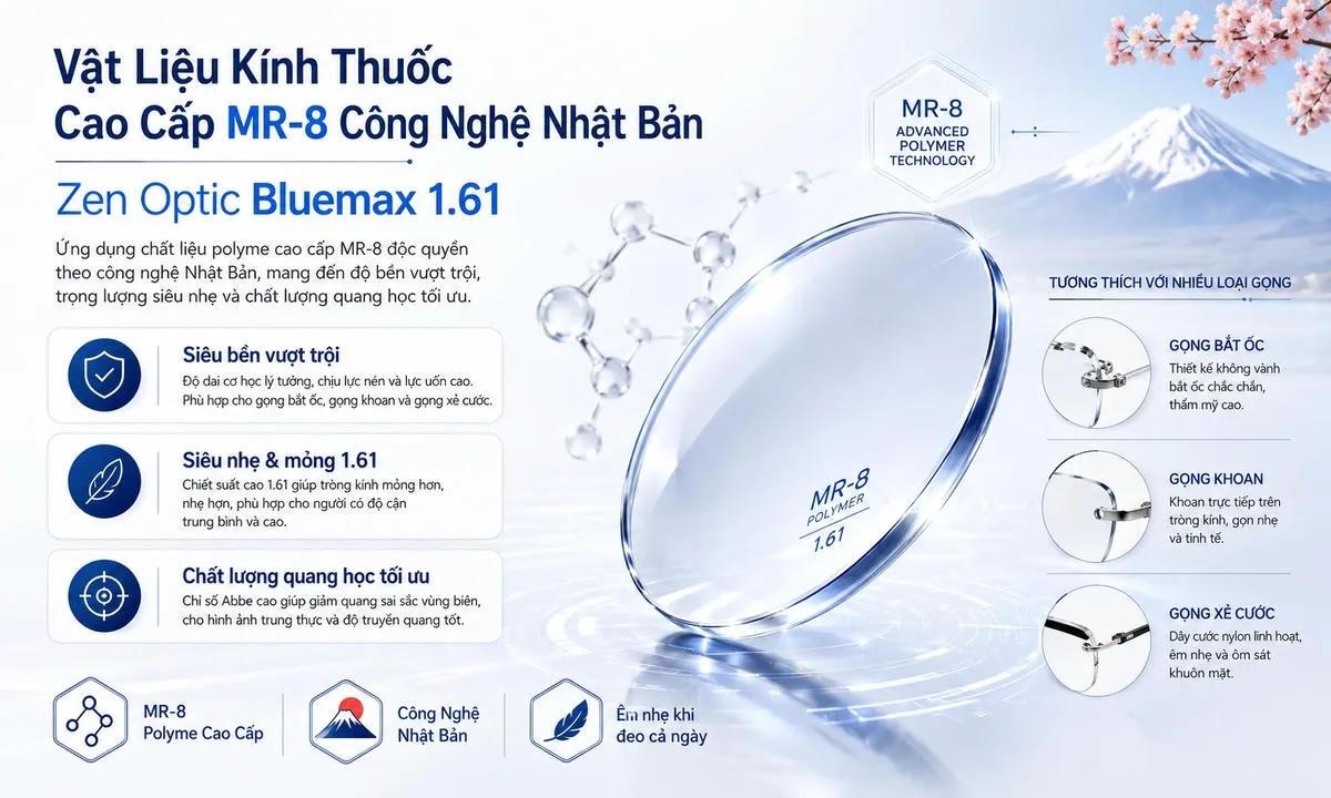 Tròng Kính Chống Bể Zen Optic TitanShield BlueMax 1.61 - Chính Hãng