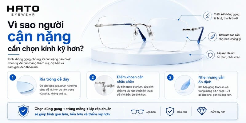 Vì sao người cận nặng cần chọn kính kỹ hơn? Hình ảnh minh họa chi tiết cách chọn kính không gọng cho người cận nặng, từ rìa tròng, điểm khoan đến gọng titanium và tròng mỏng tại Hato Eyewear.