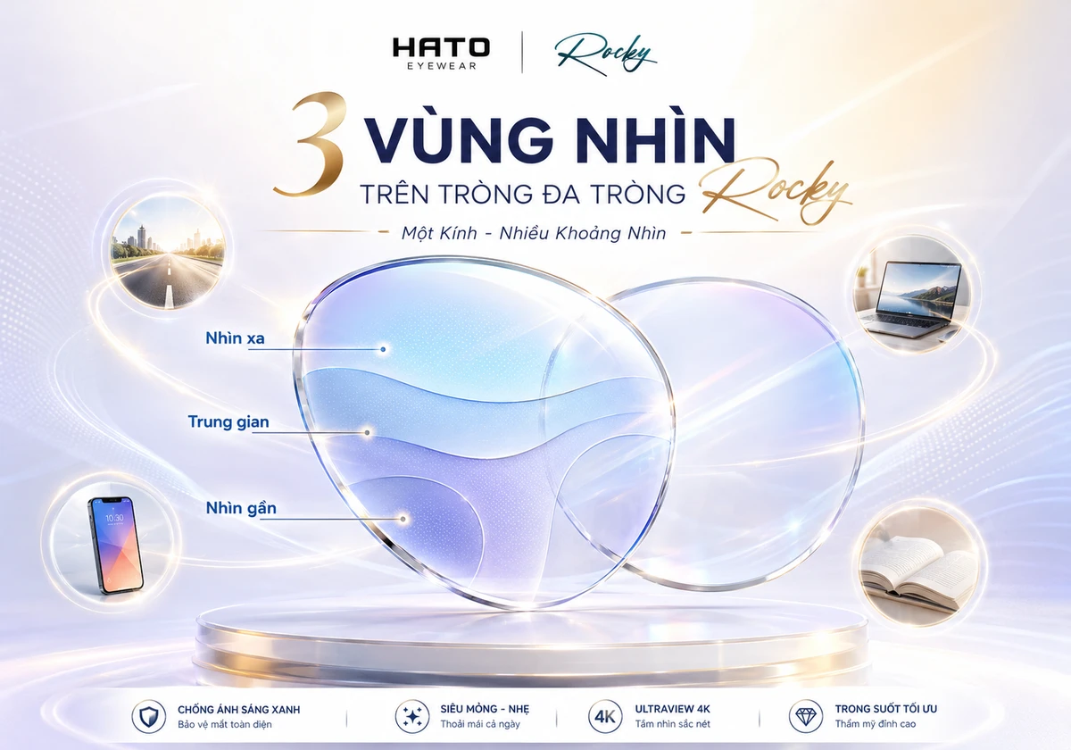 Ảnh minh họa 3 vùng nhìn trên tròng đa tròng Rocky gồm nhìn xa, trung gian và nhìn gần, giúp người đeo sử dụng một kính cho nhiều khoảng nhìn.