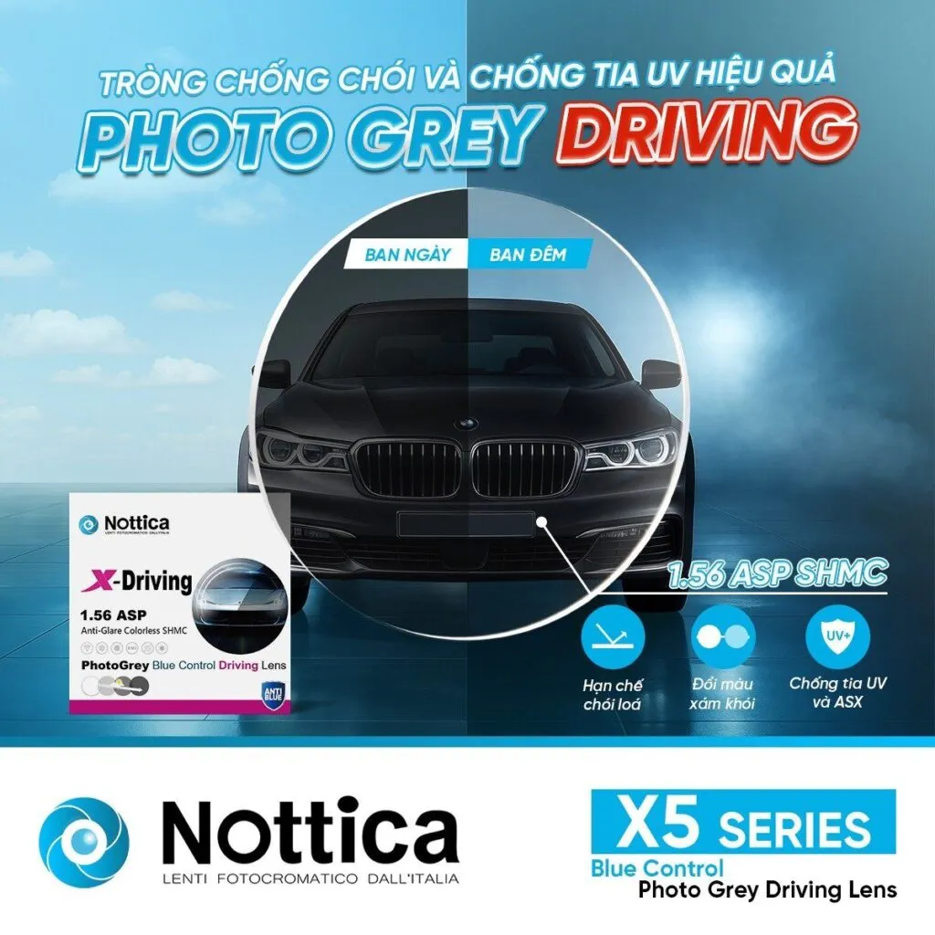 Tròng kính Nottica X5 Driving Photo Grey hỗ trợ giảm chói, chống tia UV và ánh sáng xanh cho người thường xuyên lái xe