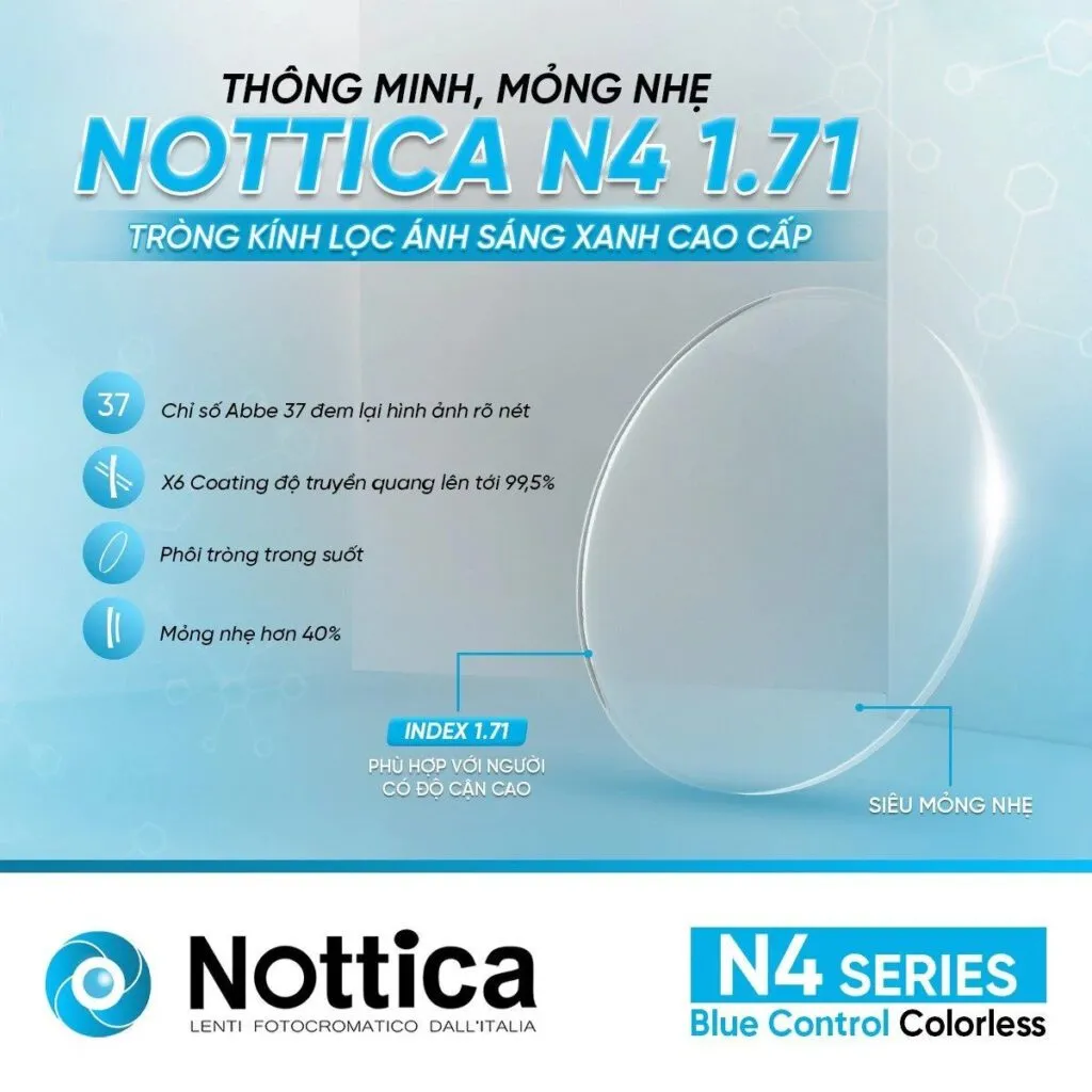 Tròng kính Nottica N4 1.71 Blue Control siêu mỏng cho người cận cao