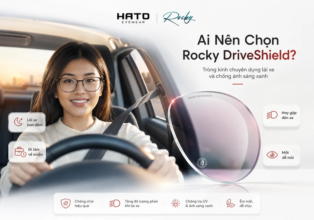 Người lái xe đeo kính Rocky DriveShield với tròng kính hỗ trợ giảm chói, chống ánh sáng xanh và giúp nhìn dễ chịu hơn khi lái xe ban đêm