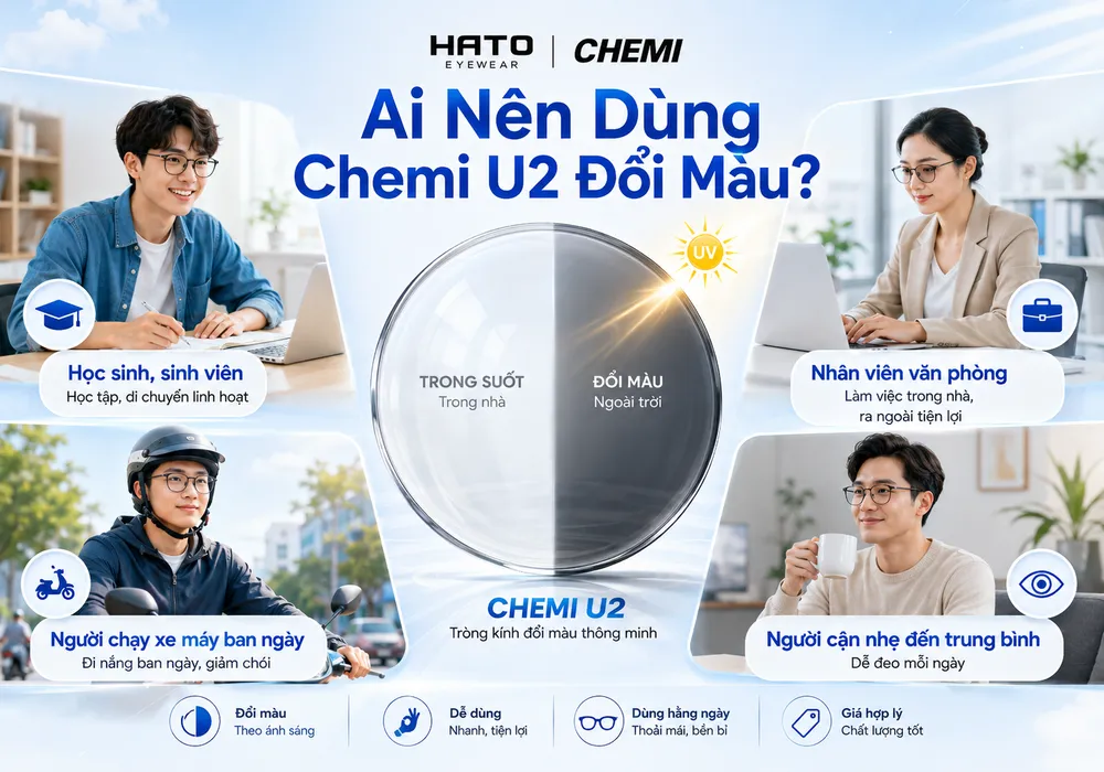 Ai nên dùng tròng kính Chemi U2 đổi màu với 4 nhóm người dùng gồm học sinh sinh viên, nhân viên văn phòng, người chạy xe máy ban ngày và người cận nhẹ đến trung bình.