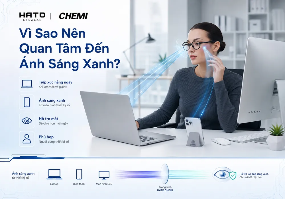 Người đeo kính làm việc với laptop và điện thoại, minh họa ánh sáng xanh từ thiết bị điện tử đi qua tròng kính trong không gian văn phòng hiện đại.