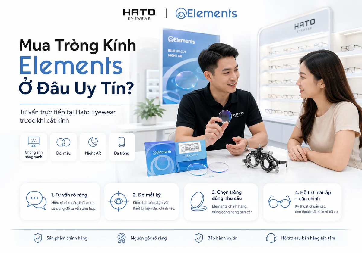 Ảnh minh họa chủ đề mua tròng kính Elements ở đâu uy tín, thể hiện khách hàng được tư vấn trực tiếp tại Hato Eyewear về các dòng tròng Elements như chống ánh sáng xanh, đổi màu, Night AR và đa tròng.