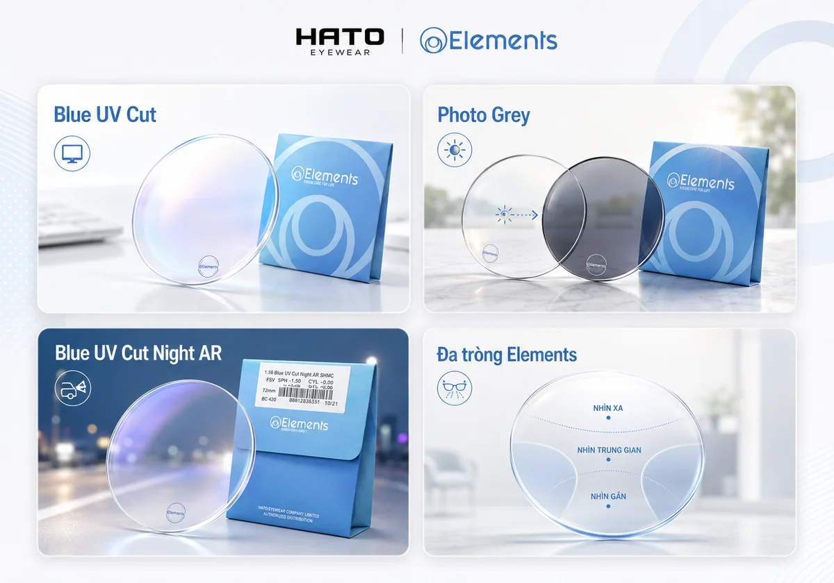 Ảnh minh họa 4 dòng tròng kính Elements phổ biến tại Hato Eyewear gồm Blue UV Cut, Photo Grey, Blue UV Cut Night AR và đa tròng Elements, phù hợp cho nhu cầu dùng máy tính, đi nắng, hạn chế chói đèn và nhìn nhiều khoảng cách.