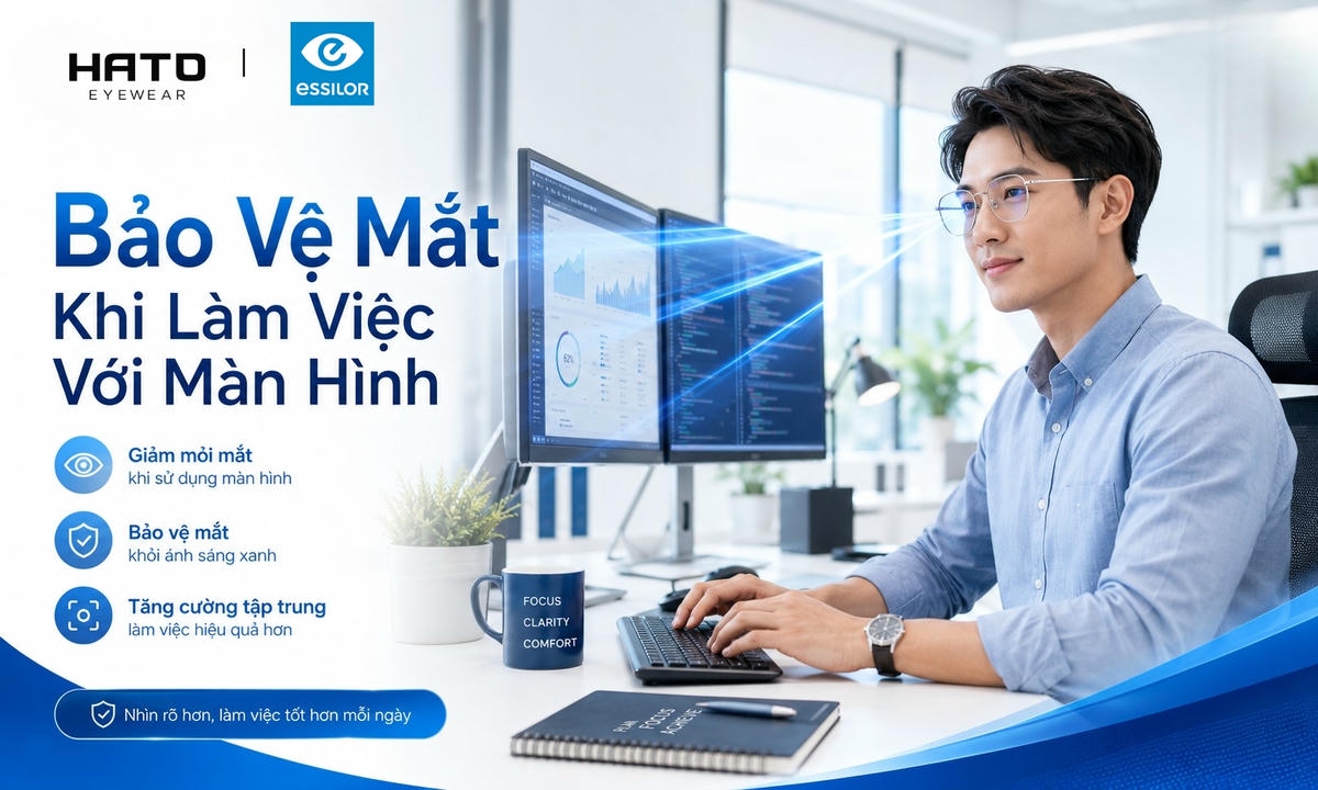 Bảo vệ mắt khi làm việc với màn hình bằng tròng kính Essilor tại HATO Eyewear
