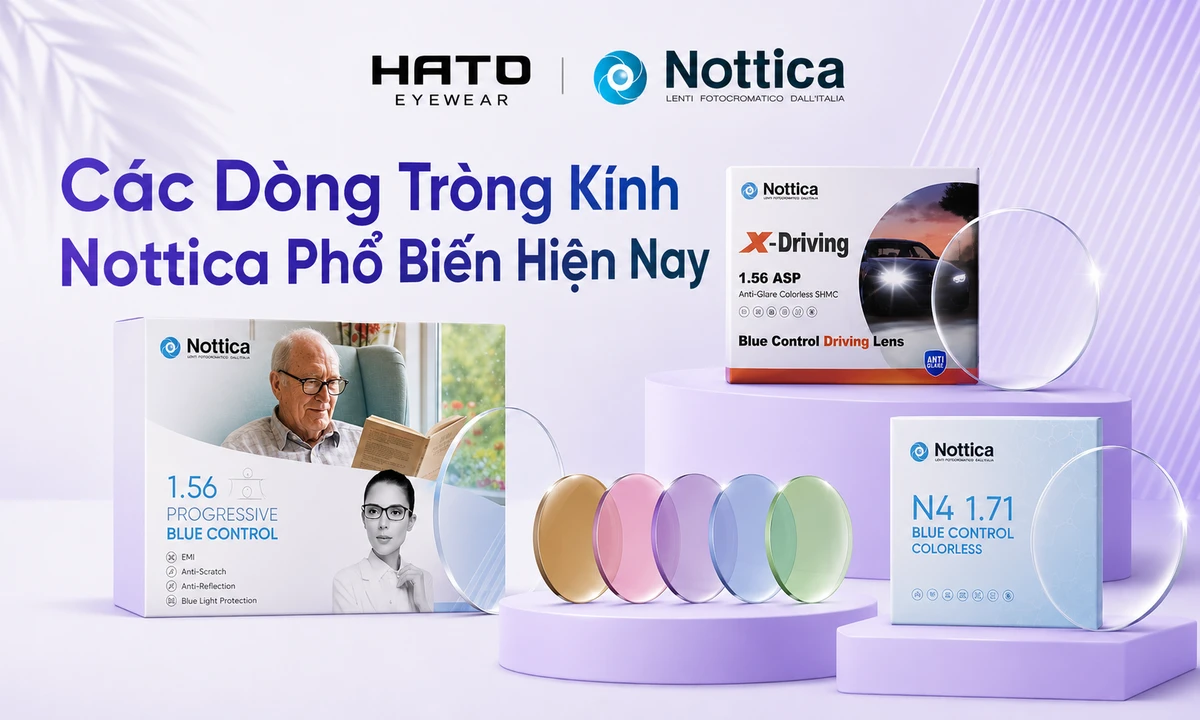 Ảnh đại diện blog các dòng tròng kính Nottica phổ biến hiện nay tại Hato Eyewear với các mẫu Progressive, Driving, Blue Control và tròng đổi màu.