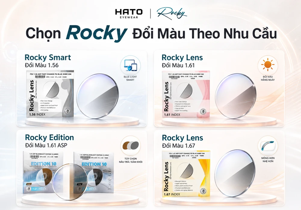Các dòng tròng kính Rocky đổi màu tại HATO Eyewear gồm Rocky Smart Đổi Màu 1.56, Rocky Lens Đổi Màu 1.61, Rocky Edition Đổi Màu 1.61 ASP và Rocky Lens Đổi Màu 1.67