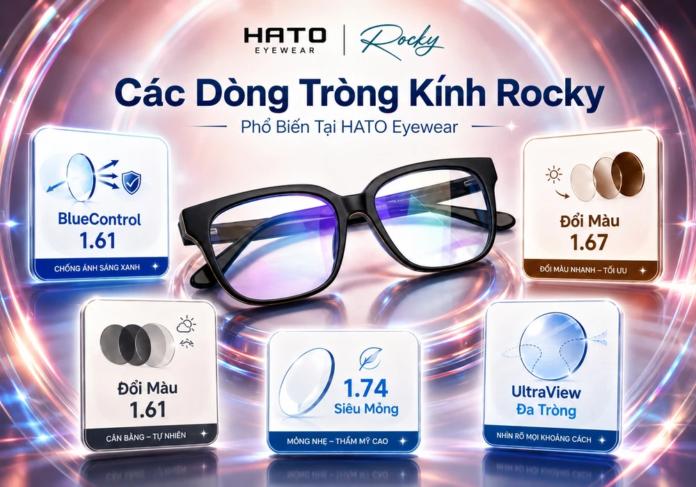 Ảnh đại diện các dòng tròng kính Rocky phổ biến tại HATO Eyewear với kính cận lắp tròng trong suốt và các dòng BlueControl 1.61, đổi màu 1.61, đổi màu 1.67, 1.74 siêu mỏng, UltraView đa tròng