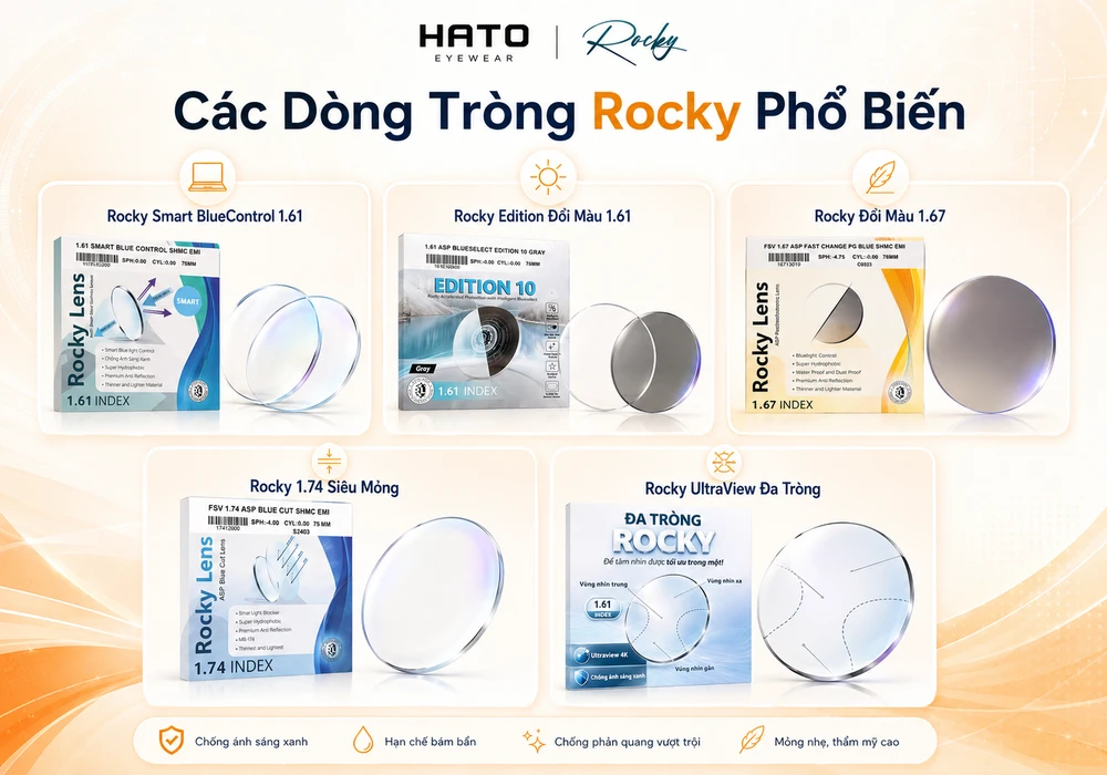 Tổng hợp các dòng tròng kính Rocky phổ biến tại HATO Eyewear như Rocky Smart BlueControl 1.61, Rocky Edition đổi màu 1.61, Rocky đổi màu 1.67, Rocky 1.74 siêu mỏng và Rocky UltraView đa tròng.