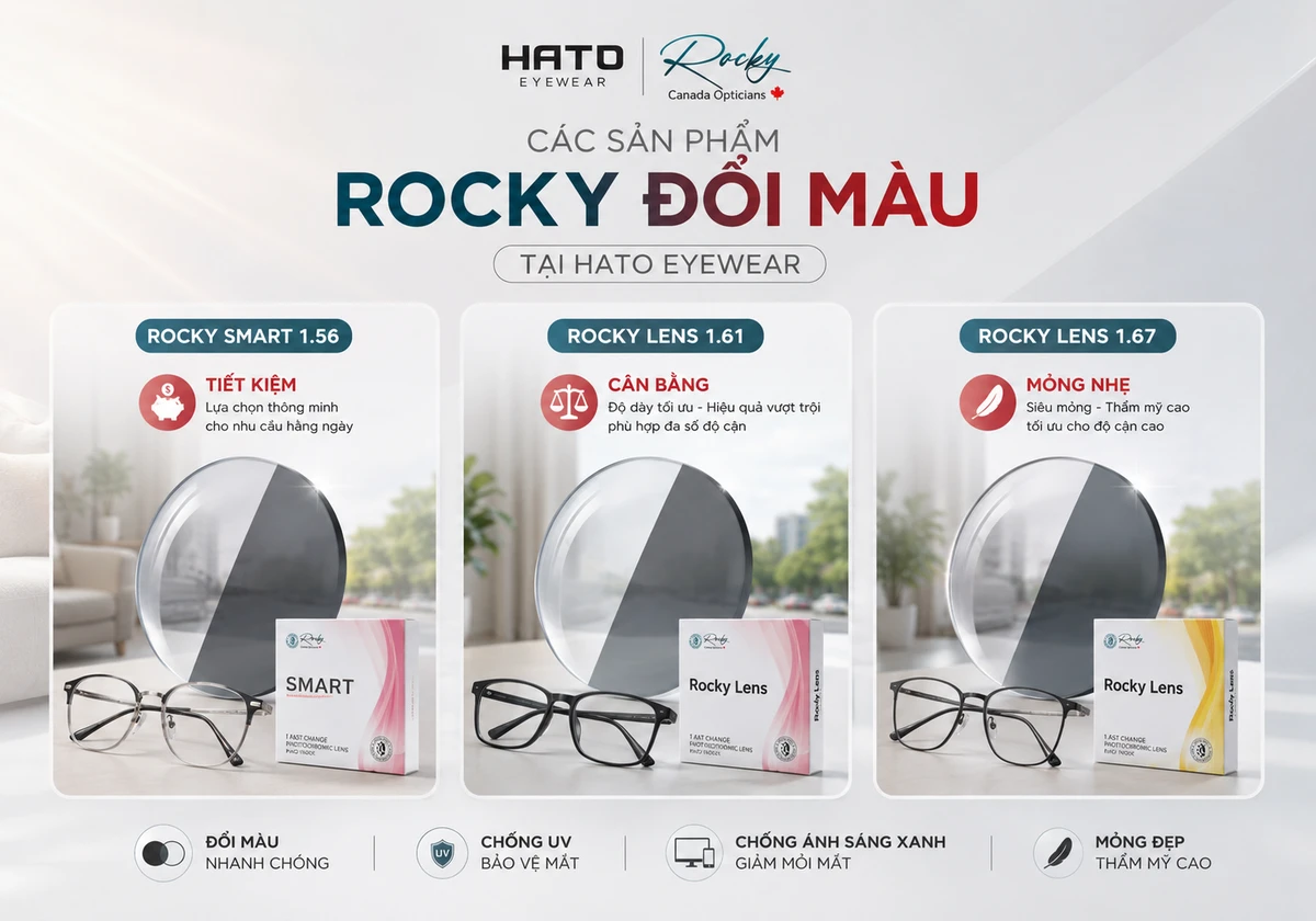 Ảnh minh họa các dòng tròng kính Rocky đổi màu tại Hato Eyewear, bao gồm Rocky Smart 1.56, Rocky Lens 1.61 và Rocky Lens 1.67, giúp người dùng dễ so sánh theo nhu cầu tiết kiệm, cân bằng và mỏng nhẹ.