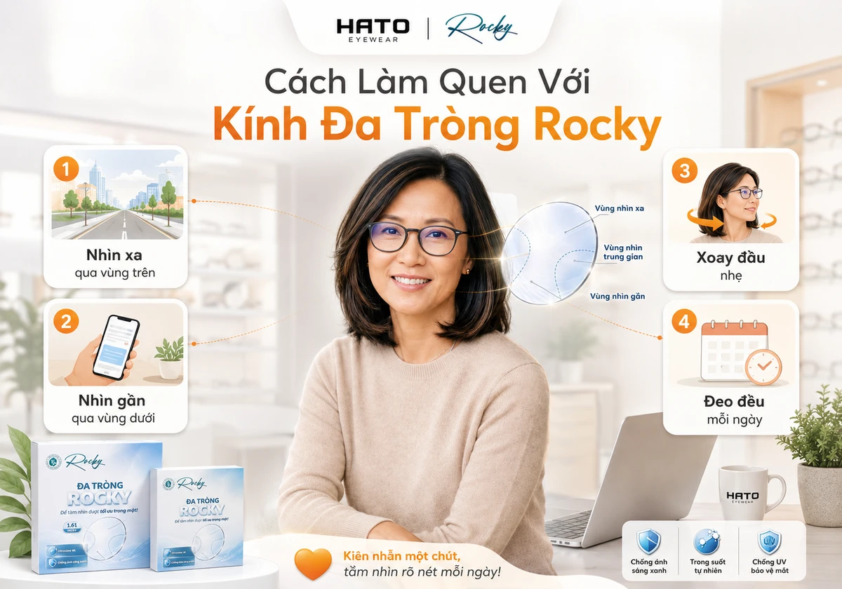 Hướng dẫn cách làm quen với kính đa tròng Rocky tại Hato Eyewear qua các bước nhìn xa, nhìn gần, xoay đầu nhẹ và đeo đều mỗi ngày.