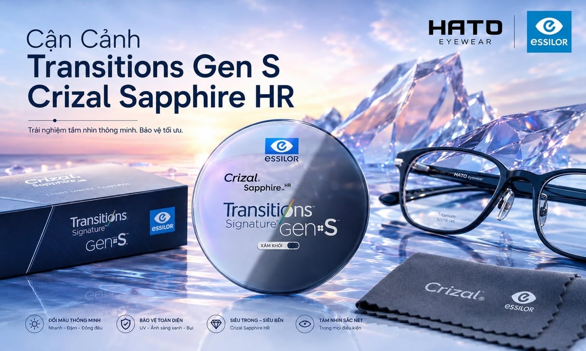 Hình ảnh review cận cảnh tròng kính Essilor Transitions Gen S Crizal Sapphire HR tại HATO Eyewear, nổi bật với khả năng đổi màu thông minh, lớp phủ chống phản quang cao cấp và ánh phản quang xanh tím sang trọng.