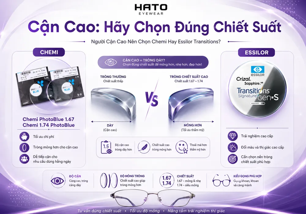 So sánh tròng kính cho người cận cao giữa Chemi PhotoBlue 1.67, Chemi 1.74 PhotoBlue và Essilor Transitions, giúp chọn đúng chiết suất để tròng mỏng hơn và đeo thẩm mỹ hơn.