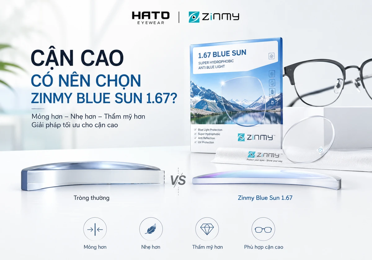 Cận cao có nên chọn Zinmy Blue Sun 1.67 với hình so sánh tròng kính thường và tròng kính mỏng Zinmy Blue Sun 1.67 tại Hato Eyewear