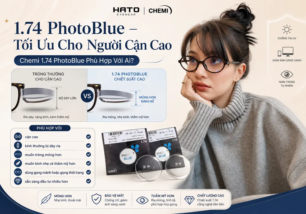 Ảnh minh họa Chemi 1.74 PhotoBlue phù hợp với người cận cao, cần tròng mỏng hơn, nhẹ hơn, thẩm mỹ hơn và hỗ trợ giảm ánh sáng xanh tại HATO Eyewear.
