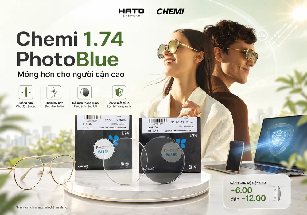 Ảnh blog giới thiệu tròng kính Chemi 1.74 PhotoBlue dành cho người cận cao, nổi bật với thiết kế tròng mỏng hơn, thẩm mỹ hơn, hỗ trợ đổi màu khi ra nắng và bảo vệ mắt trước ánh sáng xanh.