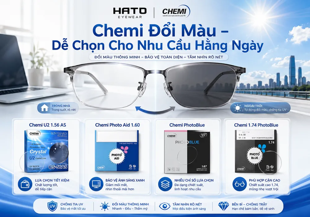 Tròng kính đổi màu Chemi tại HATO Eyewear với các dòng Chemi U2, Photo Aid, PhotoBlue và 1.74 PhotoBlue phù hợp nhu cầu hằng ngày.