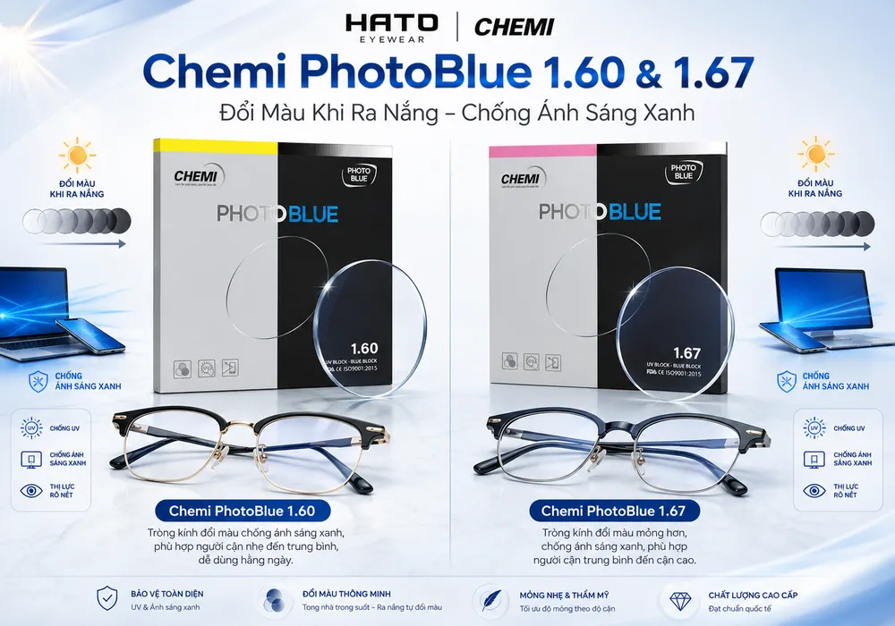 Chemi PhotoBlue 1.60 & 1.67 | Tròng Kính Đổi Màu Chống Ánh Sáng Xanh