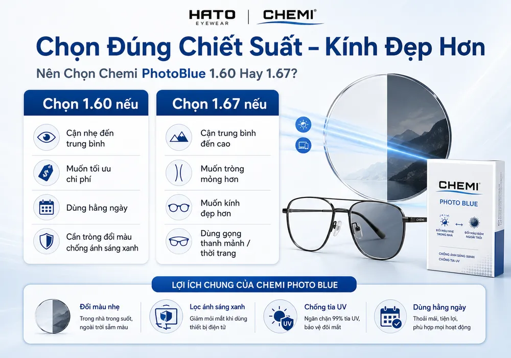Infographic so sánh Chemi PhotoBlue 1.60 và 1.67, giúp chọn tròng kính phù hợp theo độ cận, nhu cầu thẩm mỹ và mục đích sử dụng hằng ngày.