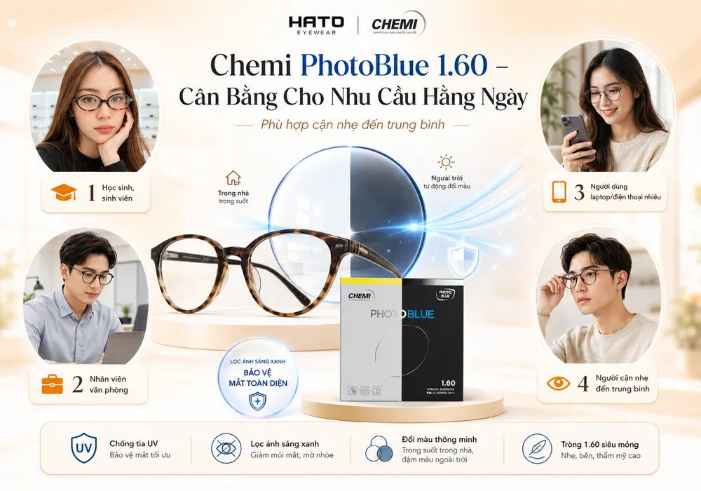 Chemi PhotoBlue 1.60 phù hợp cho học sinh sinh viên, nhân viên văn phòng, người dùng laptop điện thoại nhiều và người cận nhẹ đến trung bình.