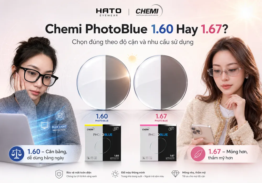 Chemi PhotoBlue 1.60 và 1.67 khác gì nhau, so sánh tròng kính đổi màu chống ánh sáng xanh tại HATO Eyewear