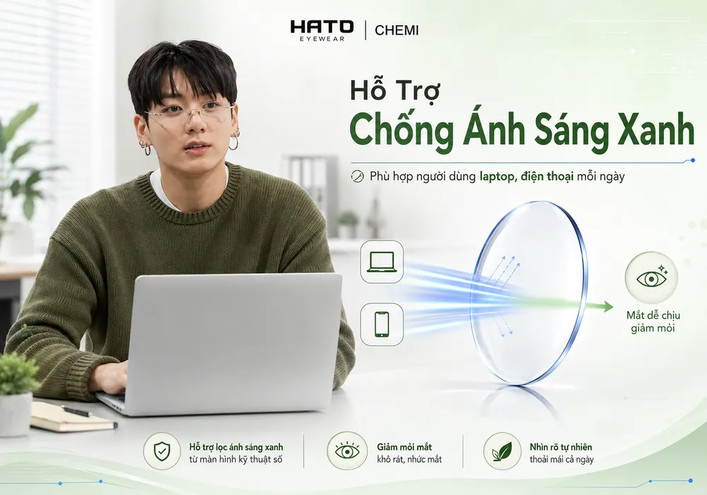 Người mẫu đeo kính làm việc với laptop trong văn phòng hiện đại, minh họa tròng kính Chemi PhotoBlue hỗ trợ chống ánh sáng xanh cho người dùng thiết bị số.